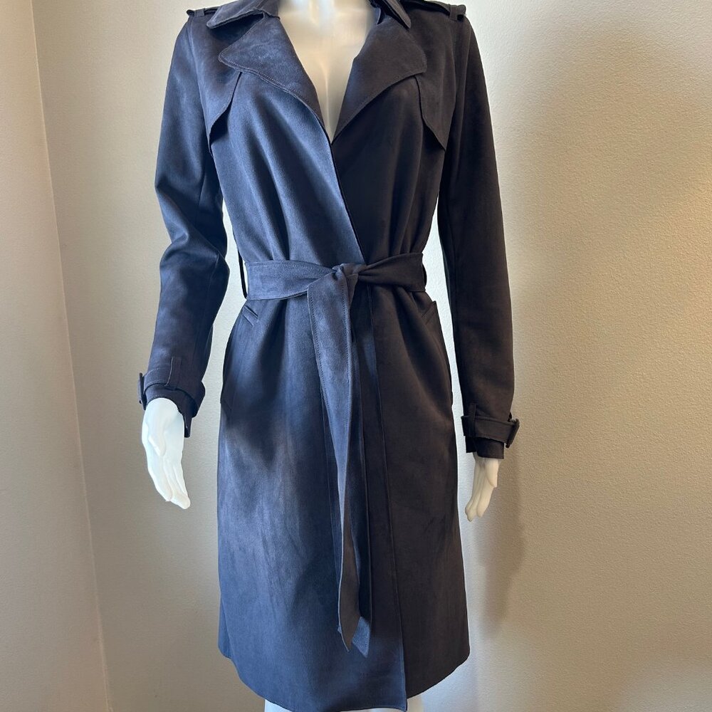 Tahari Faux Suede Long Open Trench Coat in Smoke